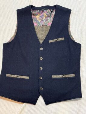 Ted Baker Navy Wool Button-Up Vest with Paisley Lining